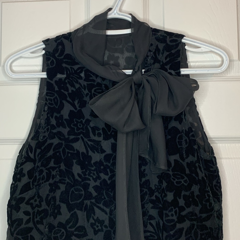 Black Velvet Burnout Floral Blouse Semi Sheer Sleeveless Collared Neck Bow Party